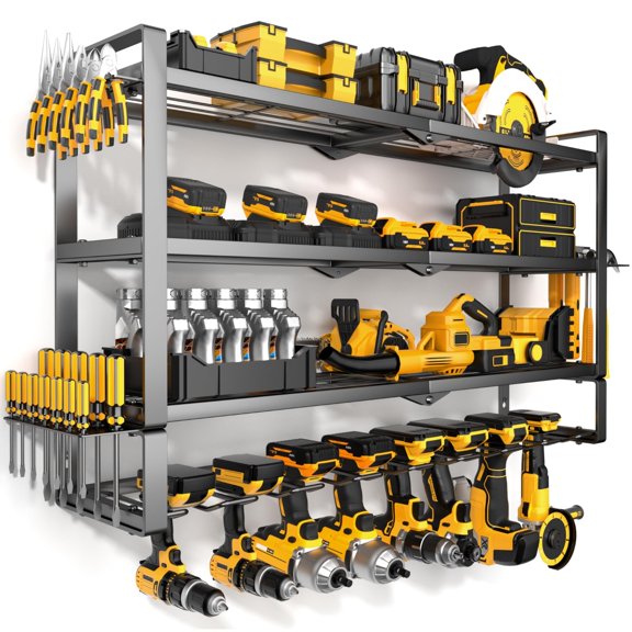 Large Power Tool Organizer Wall Mount for Garage, 4-Tier Heavy Duty Metal Storage Rack Loads 400lbs, Battery Tools Hanger with 8 Cordless Drill Holder for Workshop, Pegboard, Shed