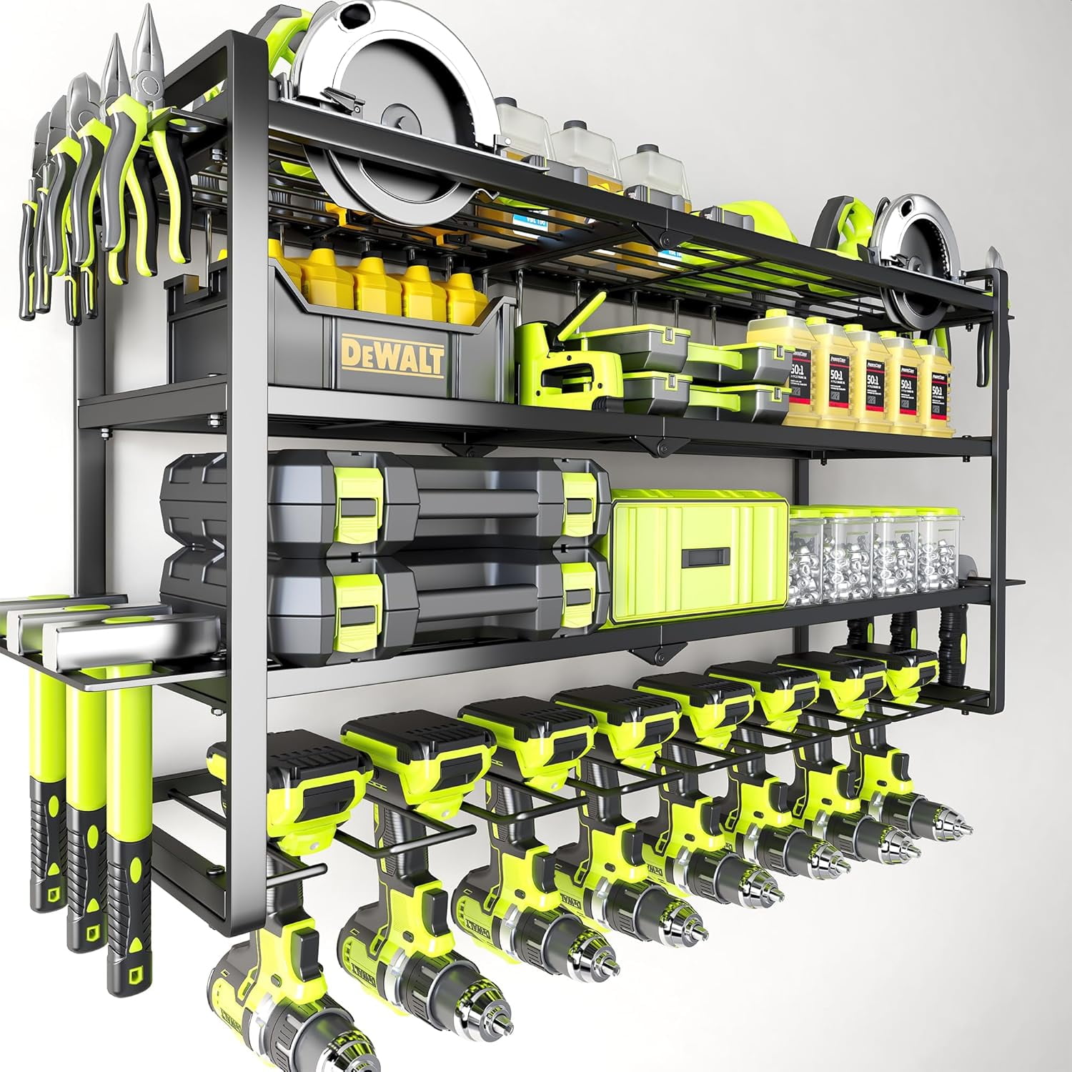 4-Tier Power Tool Organizer Wall Mount, 450LBS Capacity, 8 Drill Holders | 3-Tube Reinforced Design, Holds 50 Tools, Cordless Tool Organizer, Rust Resistant, Quick Assembly, Garage Gift for Men
