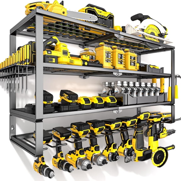 Large Power Tool Organizer Wall Mount, Heavy Duty Metal Cordless Drill Storage Rack with Battery Charging Station Shelf, Utility Racks for Garage Organization, 4 Layer 10 Drills Holder Extra Tall
