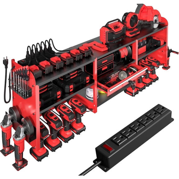 Large Power Tool Organizer Wall Mount with Locking Drawers,  Holder, Hammer & Pliers Rack, & 6-Outlet  Shelf - Heavy Duty Metal Tool Storage for Garage & Workshop