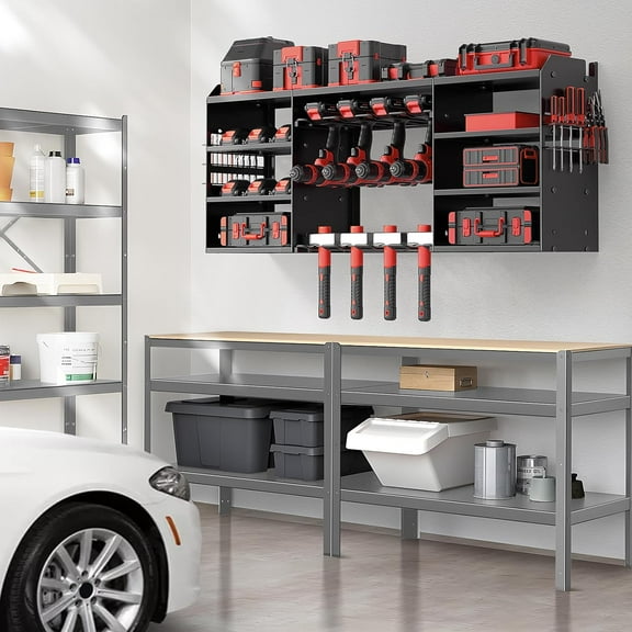 Large Power Tool Organizer Wall Mount with 8 Drill Holders, 4-Layer Heavy Duty Storage Rack for Garage & Workbench