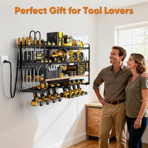 Large Power Tool Organizer with 8 Outlet Charging Station, Heavy Duty Wall Mount Rack for Garage Storage