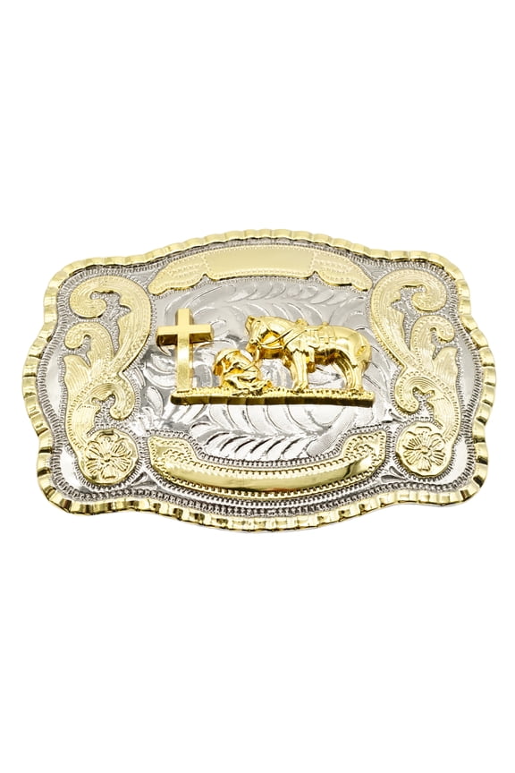 Large Praying Cowboy Horse Cross Faith Animal Rodeo Western Fashion Large Gold Tone Belt Buckle