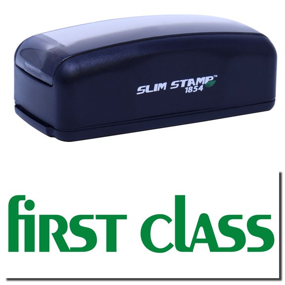 Large Pre-Inked Lower Case First Class Stamp, Slim 1854, Ultra Slim Design, Impression Size 1-13/16" by 2-1/2", Up to 25,000 Impressions - Green Ink