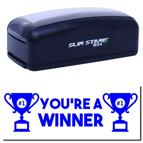 Large Pre-Inked You're a Winner Stamp, Slim 1854, Ultra Slim Design, Impression Size 1-13/16" by 2-1/2", Up to 25,000 Impressions - Blue Ink
