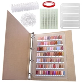 Large Press on Nail Organizer with Binder, Brown Kraft Paper Nail Display Book, Nail Color Sample Album with Clear Nails, Stickers, Self-Adhesive Tape