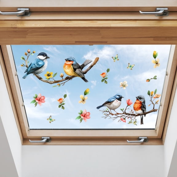 Large Pretty Cute Painted Branches and Birds Wall Stickers, Glass Display Window Bedroom Home Beautification Decoration Wall Stickers Self-adhesive