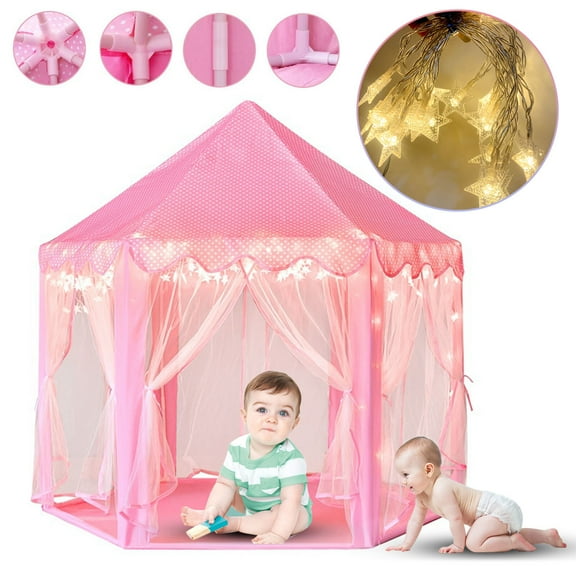 Large Princess Tent for Girls,DFITO Kids Play Tent with LED Star Lights, 55'' x 53'' (DxH), Princess Toys, Princess Castle for Indoor and Outdoor Games, Pink