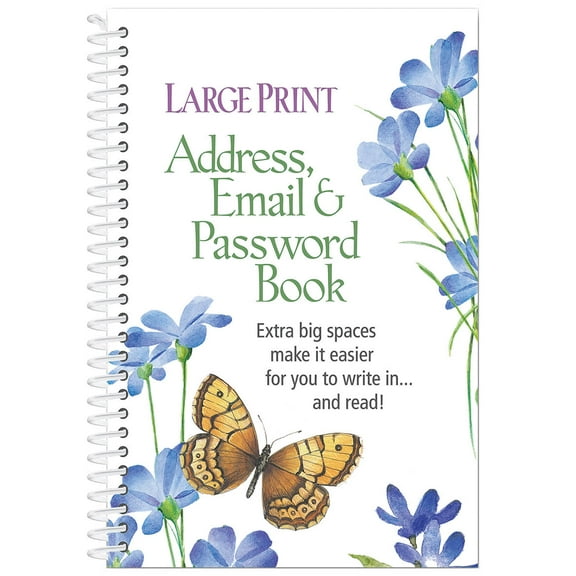 Large Print Address, Email & Password Book, Easy To Read, Spiral Bound Design, Perfect For Organizing Important Documentation – 96 Pages, Book Measures 7 1/4" L x 5" W