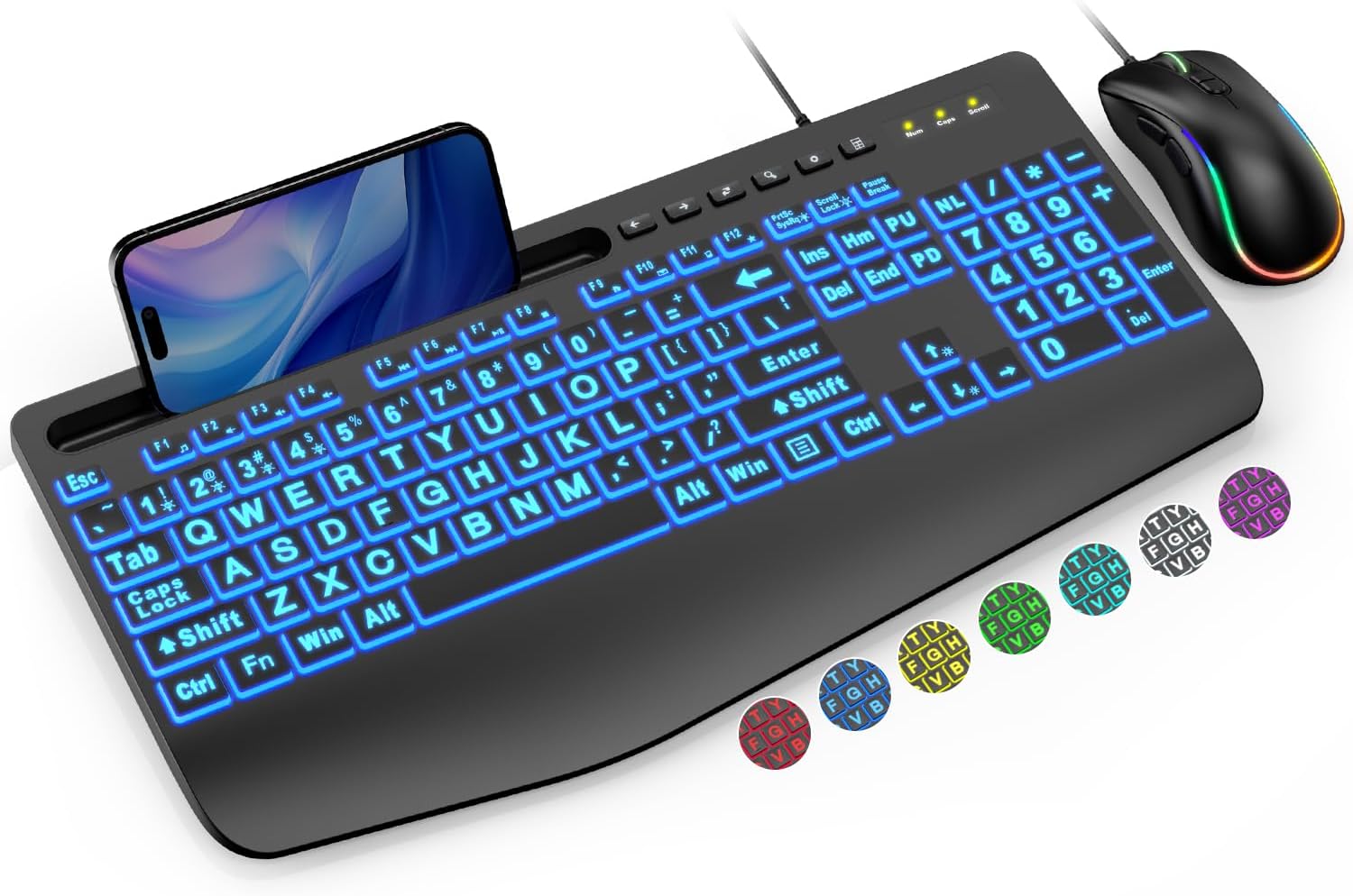 Large Print Backlit Keyboard And Mouse, Wired Usb Lighted Computer