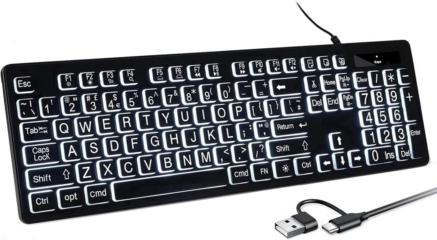 Large Print Backlit Keyboard for Mac – Full Size Wired Layout Computer Keyboard with White LED Backlight, USB A + C Plug-N-Play, Compatible with Mac Mini, iMac, MacBook Pro/Air