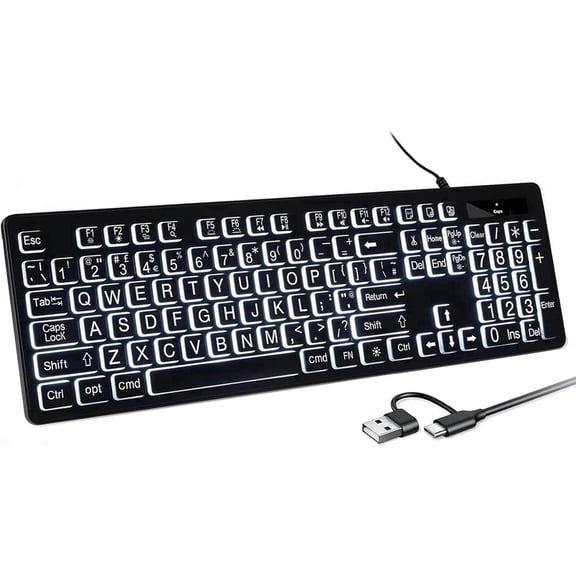 Large Print Backlit Keyboard for Mac Full Size Wired Layout Computer Keyboard with White LED Backlight, USB A + C Plug-N-Play, Compatible with Mac Mini, iMac, MacBook Pro/Air