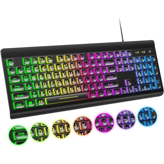 Large Print Backlit Keyboard, USB Wired Computer Keyboard, Full Size Keyboard with Rainbow Illuminated LED Compatible for Windows Desktop, Laptop, PC, Gaming, Black
