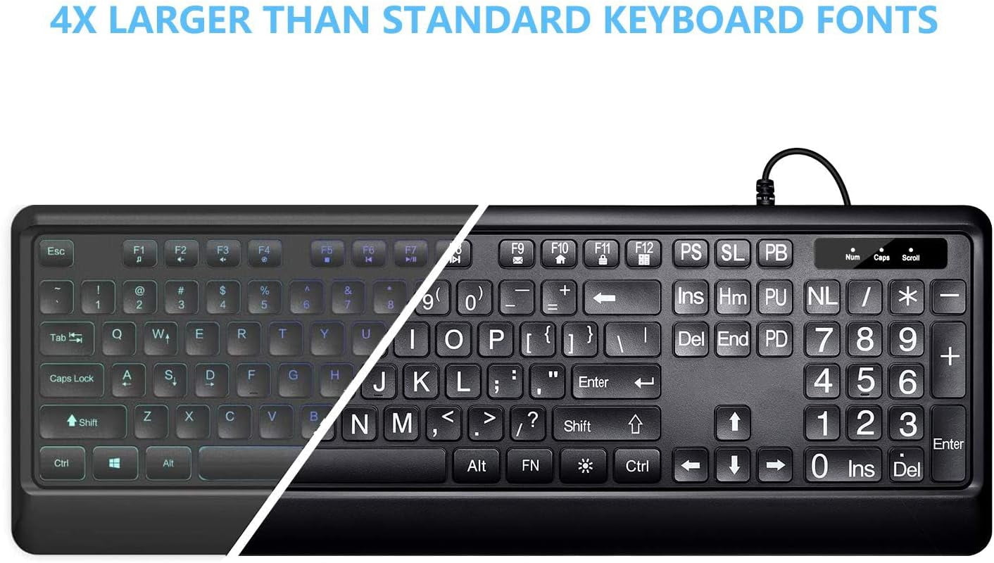 Large Print Backlit Keyboard, USB Wired Computer Keyboard, Full Size ...