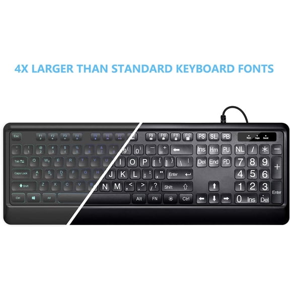 Large Print Backlit Keyboard, USB Wired Computer Keyboard, Full Size Keyboard with White Illuminated LED Compatible for Windows Desktop, Laptop, PC, Gaming, Black
