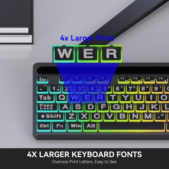 Large Print Backlit Keyboard, WK712 Wired Computer Keyboards with 7 Colors & 11 Modes Backlight, Tablet Phone Holder and Quiet Light Up Keys, Full-Size Gaming Keyboard for Windows, Mac