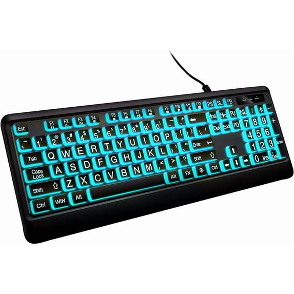 Large Print Backlit Keyboard, Wired Lighted Computer Keyboards with 7-Color Backlight, Light Up Oversize Letter Keys, Foldable Stands, USB Quiet Keyboard for PC, Windows, Laptop (Colorful Backlit)