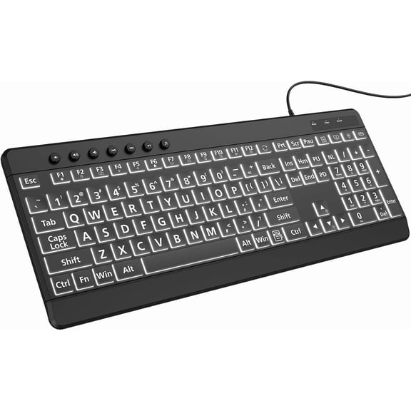 Large Print Backlit Wired , Light Up USB with 7-Colors Backlight, Oversize Letters Keys Full Size Computer Compatible for Windows, Laptop, PC