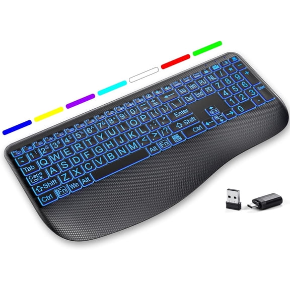 Large Print Backlit Wireless Keyboard Silent Keyboards with Wrist Rest, 7-Color Light up, Quiet Low Profile Keys, 2.4G Rechargeable Full Size Keypad for Computer Laptop Windows Mac, Black