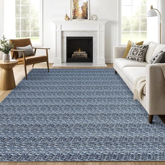 Tzou Large Print Braid Area Rugs 10' x 13' with Non-Slip Backing, Soft Low Pile Carpet for Playroom(Blue)