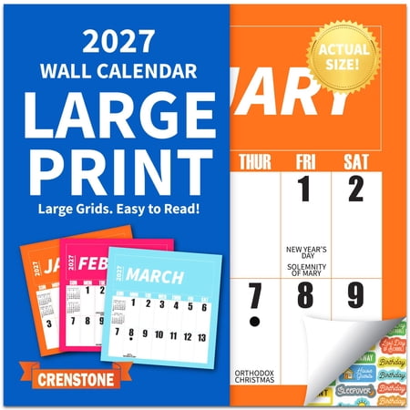 Large Print Calendar 2027 - 16 Month Low Vision and Easy to See 2027 Monthly Wall Calendar with 100+ Reminder Stickers | 12" x 24" Open | White Elephant Giftable | Thick & Sturdy Paper