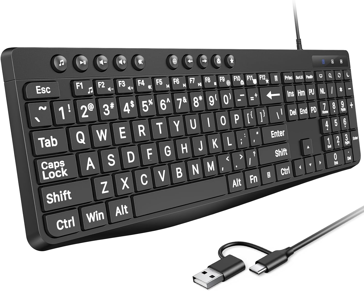 Large Print Computer Keyboard Wired with Stable Connection, Numeric Keypad, Type-C and USB A Dual Interface, Easy to See Type Big Letters for Windows, PC, Laptop