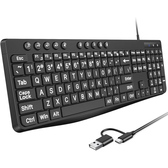 Large Print Computer Keyboard Wired with Stable Connection, Numeric Keypad, Type-C and USB A Dual Interface, Easy to See Type Big Letters for Windows, PC, Laptop
