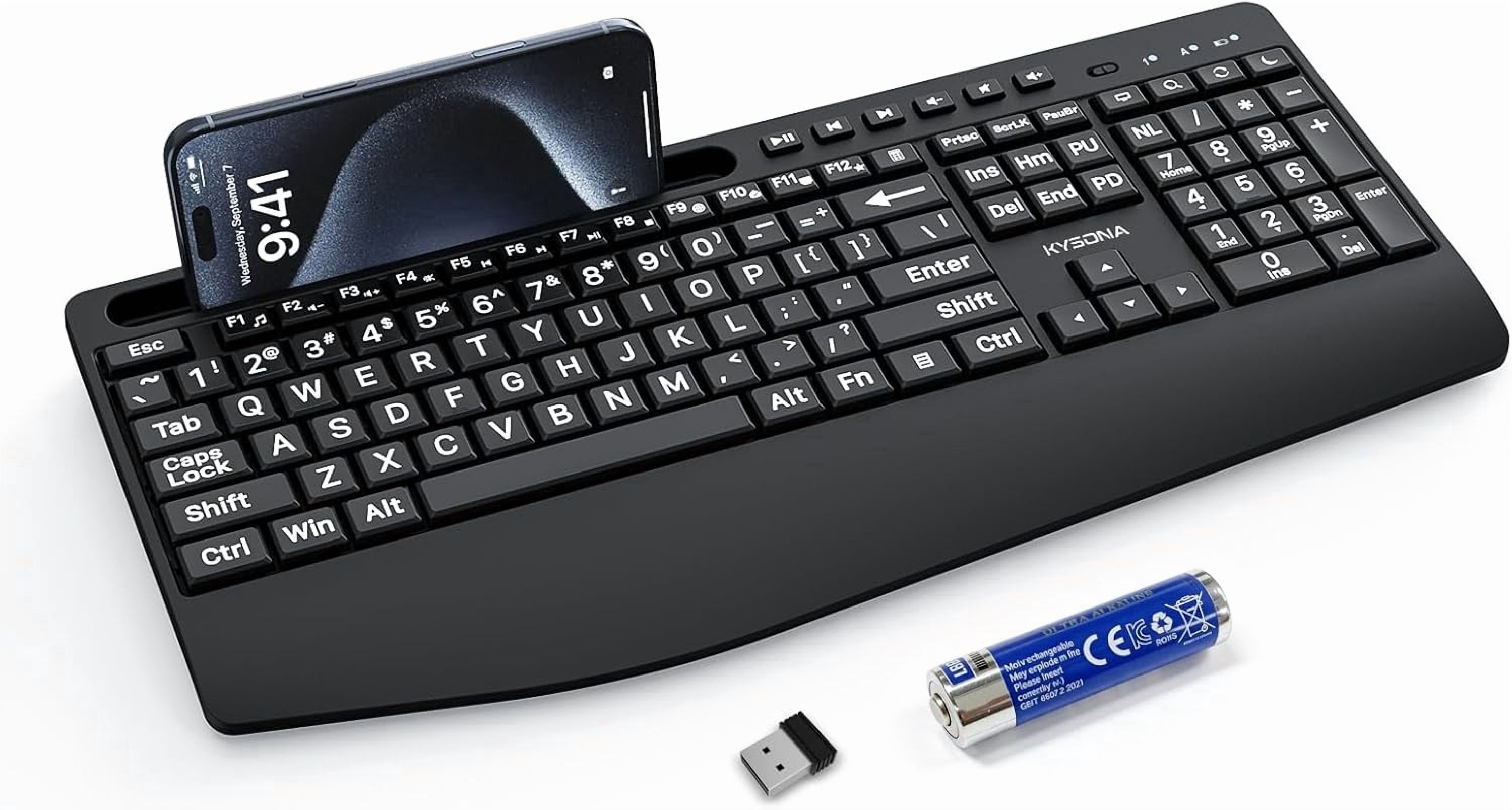 Large Print Wireless Keyboard, Full Size Cordless Computer Keyboard with Phone Holder, Palm Rest, Ergonomic Tilt Angle, 2.4G Plug-and-Play, Compatible Tablet/Windows/Laptop/PC, Black