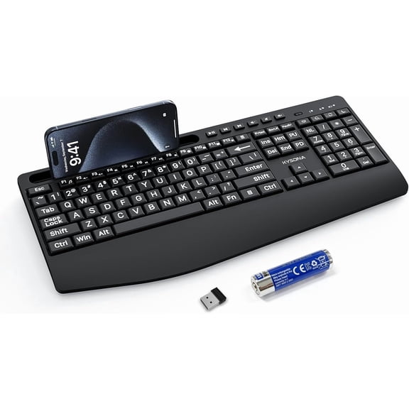 Large Print Wireless Keyboard, Full Size Cordless Computer Keyboard with Phone Holder, Palm Rest, Ergonomic Tilt Angle, 2.4G Plug-and-Play, Compatible with Tablet/Windows/Laptop/PC, Black