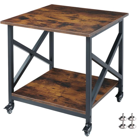 Large Printer Stand 23.6 X 23.6 22.6 Inches Square Table With Storsh2 Tier Rolling Cart Industrial Wheels For Home Office - Rustic Brown