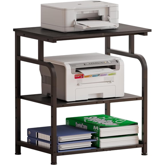 Large Printer Stand with Adjustable Shelf, 3-Tier Rolling Printer Cart with Wheels, Heavy-Duty Wood Printer Table for Home Office, Heat Press and Laser (Black)