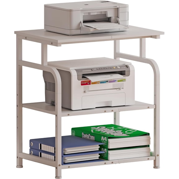 Large Printer Stand with Adjustable Shelf, 3-Tier Rolling Printer Cart with Wheels, Heavy-Duty Wood Printer Table for Home Office, Heat Press and Laser (White)