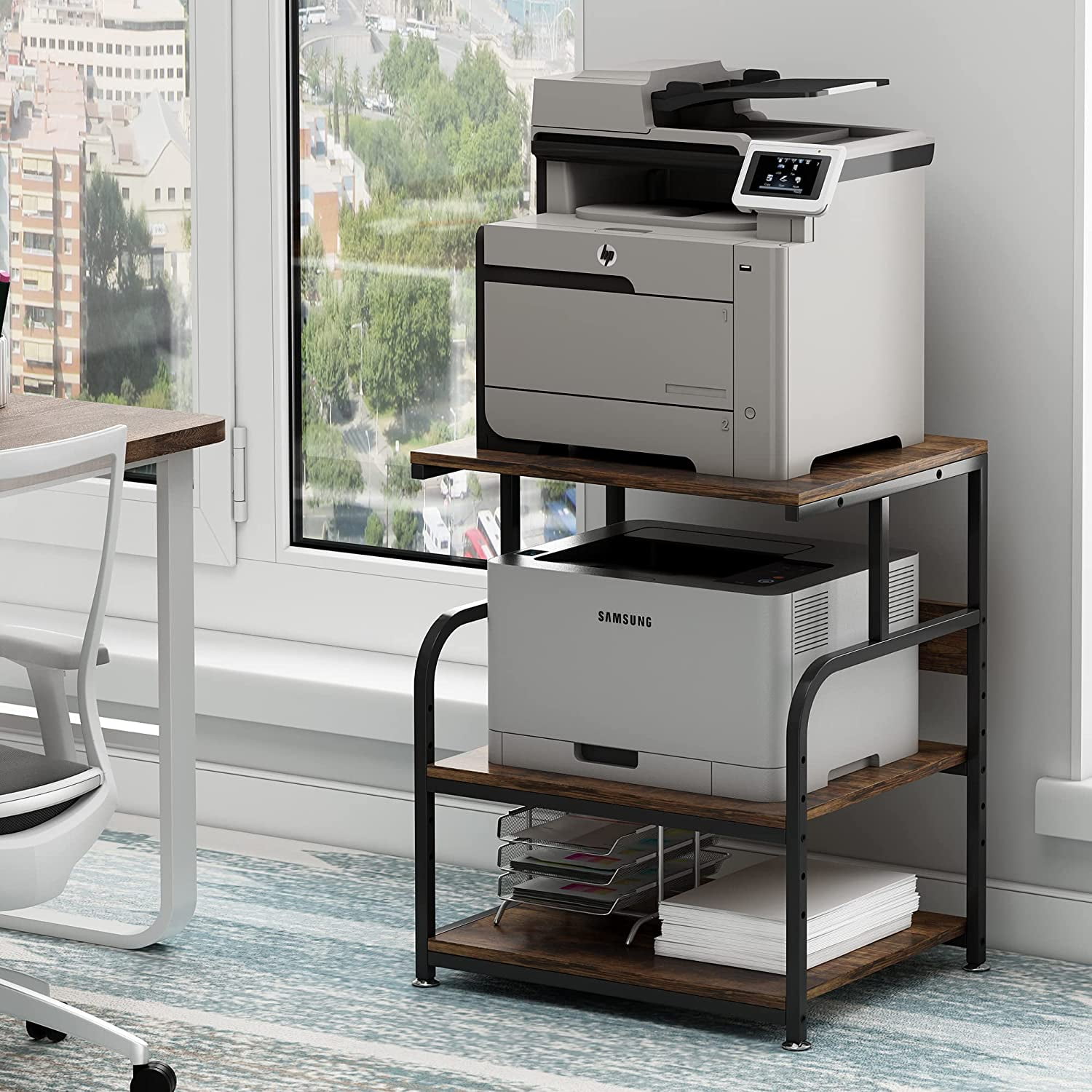 Large Printer Stand with Adjustable Storage Shelf, 3 Tier Printer Cart ...