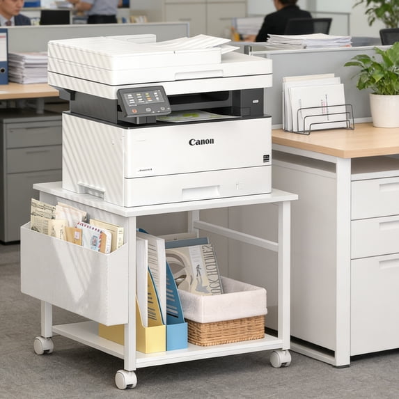 Large Printer Stand with Drawer, 2 Tier Rolling Printer Cart Holder with Wheels, Mobile Mini Fridge Stand Table with Side Storage for Home Office, White