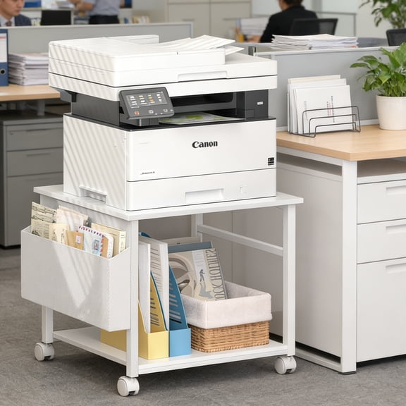Large Printer Stand with Drawer, 2 Tier Rolling Printer Cart Holder with Wheels, Mobile Mini Fridge Stand Table with Side Storage for Home Office, White