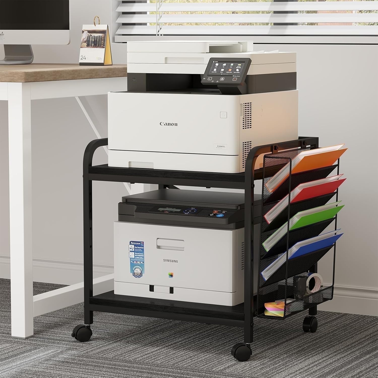 POAO Large Printer Stand with File Holder Organizer, Adjustable Height Shelf with Wheels, Rolling Printer Cart with Storage for Home Office,Black
