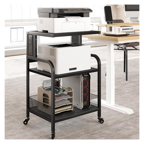 Large Printer Stand with Power Outlets and USB Charging Ports, Mobile Printer Table with Adjustable Shelf, 3 Tier Rolling printer cart with Wheels for Home Office, Rustic Black