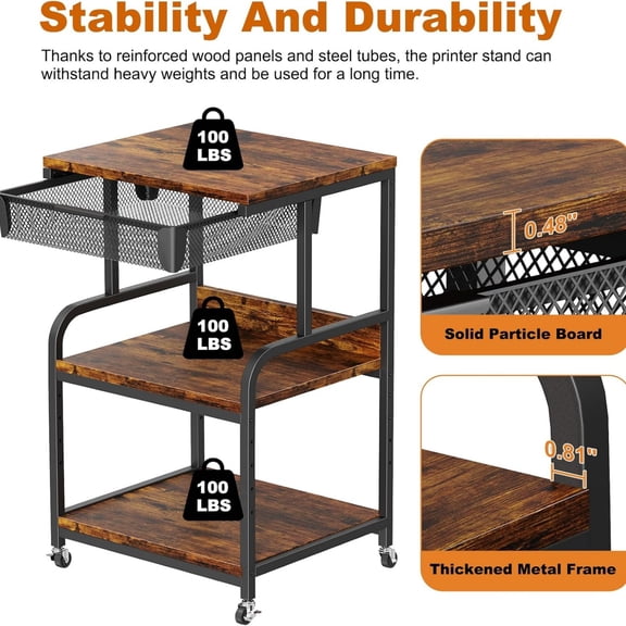 Large Printer Stand with Storage Drawer, 5 Adjustable Shelf & 3-Tier Rolling Cart with Industrial Wheels for Desk, Mobile Printer Table for Home Office Fits 3D Printer Scanner Fax Rustic Brown