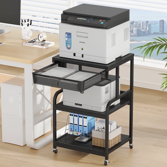 POAO Large Printer Stand with Storage Drawer,3-Tier Rolling Cart with Industrial Wheels for Desk, 5 Adjustable Shelf Mobile Printer Table,Black