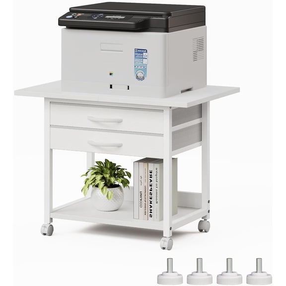 Large Printer Stand with Storage Fabric Drawer Under Desk Printer Table with Wheels for Home Office, Printer Cart fit Fax Machine Scanner 23.4"x15.7" (White, 2 Tiers)