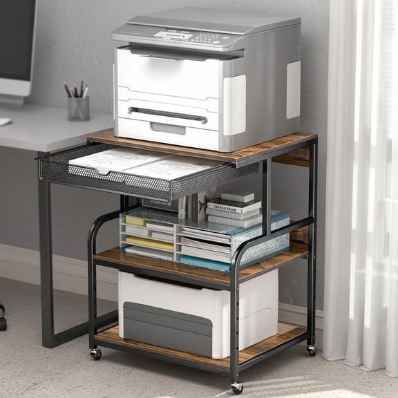 Large Printer Stand with Storage Shelf, Rolling Printer Cart Holder with Lockable Wheels, 5-Adjustable Heights, 3D Scanner Fax Printer Table for Home Office Use