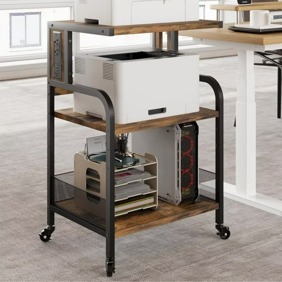 Large Printer Stand with Charging Station, 3 Tier Rolling Printer Cart with Adjustable Storage Shelf for Home Office, Brown