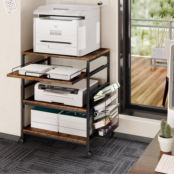 Large Printer Stand with Sliding Tray, 5 Adjustable Heights 4 Tier Printer Table with Wheels, Rolling Printer Cart with Storage Shelf