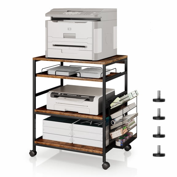 NYBOPAVIS Large Printer Stand with Sliding Tray, 5 Adjustable Heights 4 Tier Printer Table with Wheels, Rolling Printer Cart with Storage Shelf, Brown