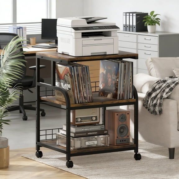 Large Printer Stand with Storage Shelf, Mobile Printer Cart with Wheels, 3 Tier Table for Home Office, Stands for Heat Press Scanner Fax, Brown
