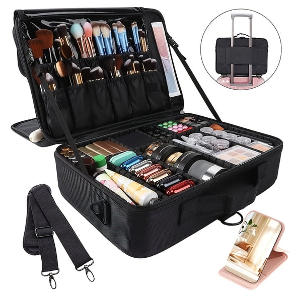 Large Professional Makeup Train Case 15.8 Inch Travel Cosmetic Organizer with Adjustable Dividers, Brush Holder and Shoulder Strap for Cosmetics, Toiletries and Accessories
