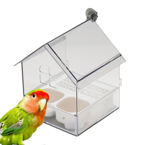 Large Pull-Out External Parrot Feeder and Transparent Hanging Bird Bath for Cage - No Mess Design with Pull-Out Tray, Two Food Slots for Small Medium Birds, Easy to Fill and Clean