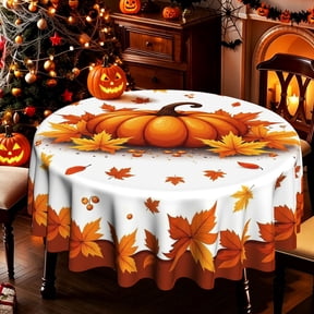 Large Pumpkin & Fall Maple Leaf Pattern 2D Print Round Tablecloth, Table Cover for Daily Kitchen Dining, Outdoor Patio Holiday Gatherings, Autumn Harvest Halloween Party Decor