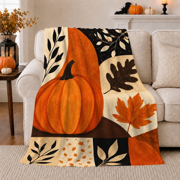 Large Pumpkin with Maple Leaves and Abstract Blocks, Modern Harvest Style for Fall Lovers, Bold Pumpkin Motif and Thanksgiving Gift, Soft Flannel Blanket for Bedroom and Guest Room, Home Decor