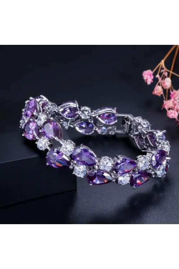 Large Purple CZ Silver Plated Mona Lisa Party Bangles Bracelets for Women Girls